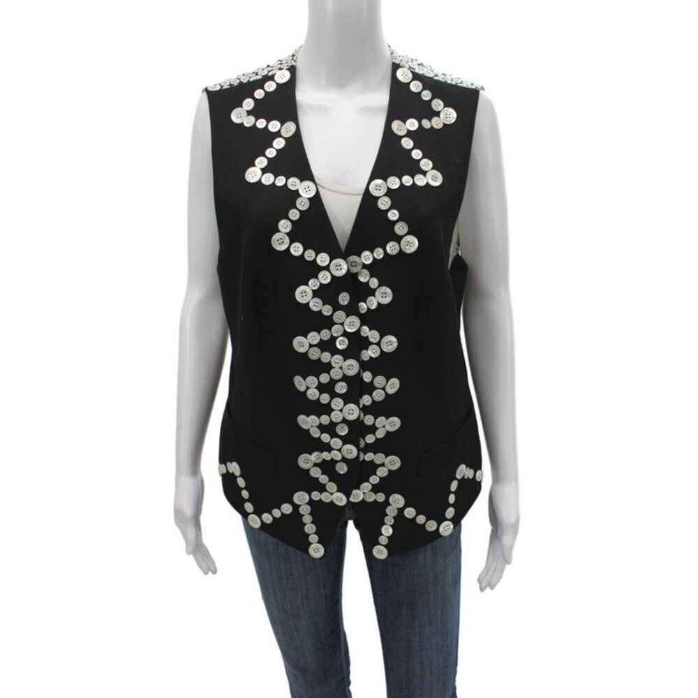 Escada Margaretha Ley Women Black Polka Dot V-Neck Wool Vest Button Size 44